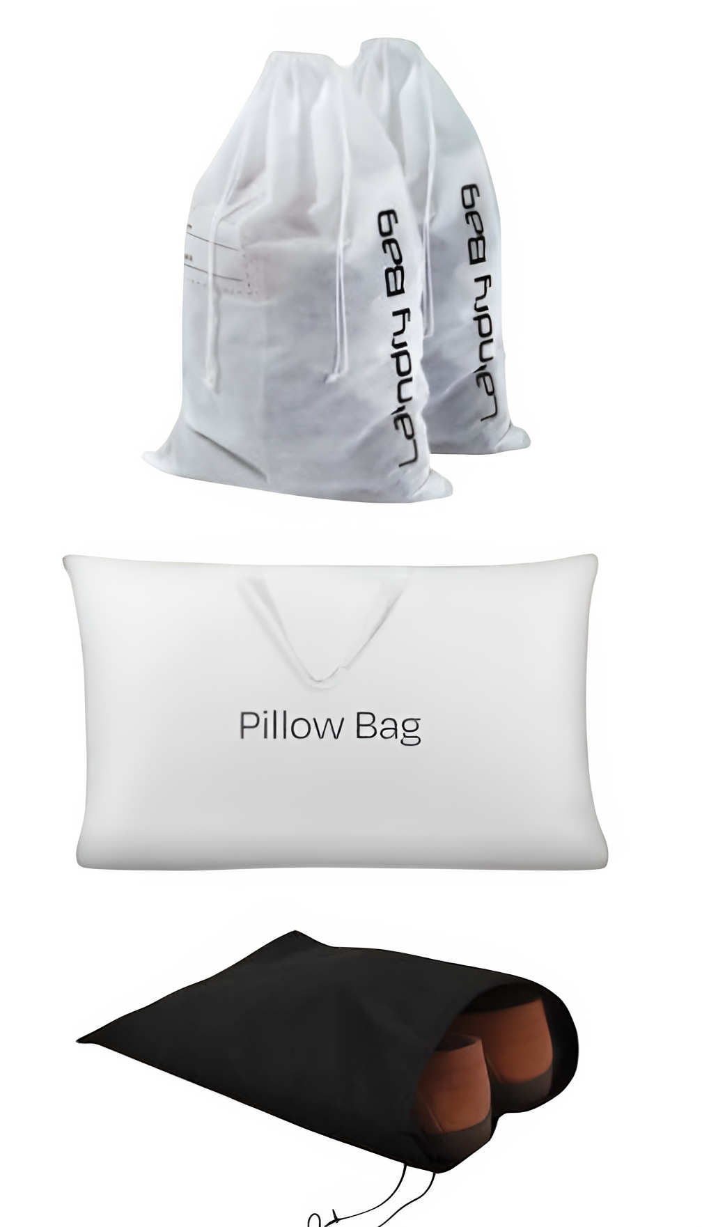 Non-woven hospitality bag brochure page featuring laundry bag, shoe bag, and pillow bag