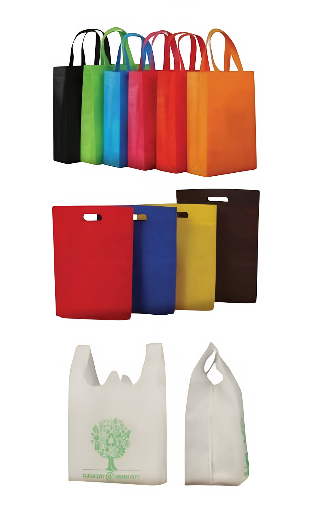 Non-woven promotional bag brochure page featuring carry bags with handles and D and W cut bags