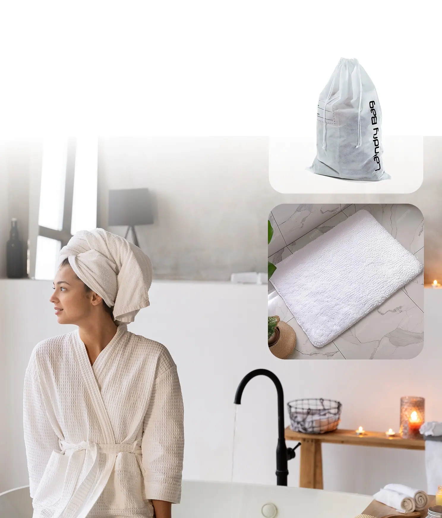 Hotel bathroom collection including cotton bathrobes and bath mats